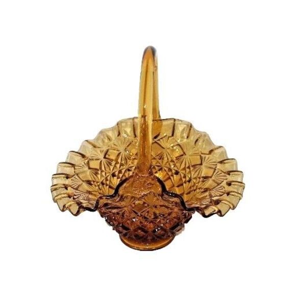 Vintage Amber Glass Small Basket Diamond Cut Ruffled Edge - Picture 2 of 9